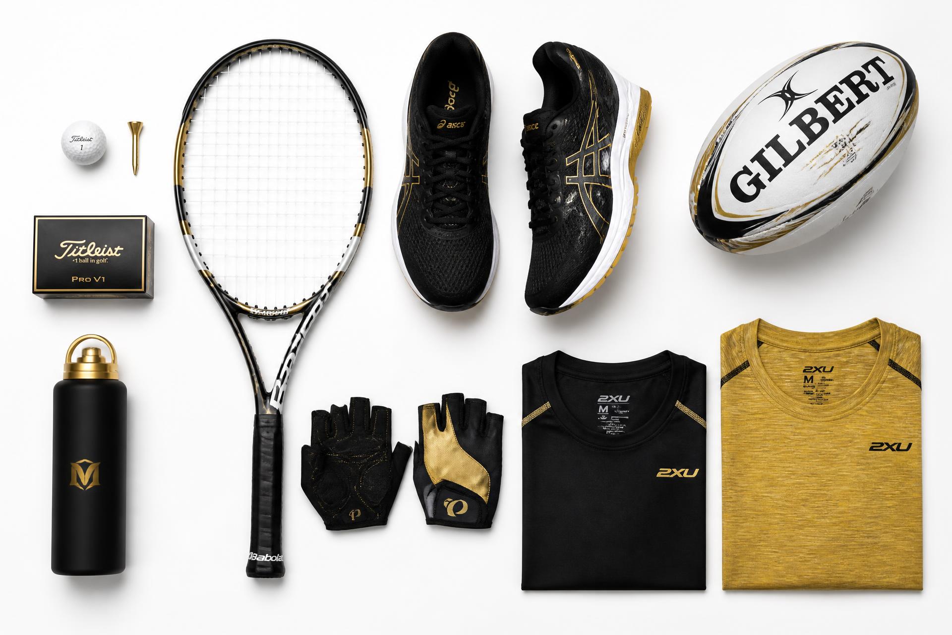 Golf, tennis, running, rugby and cycling gear in black and gold